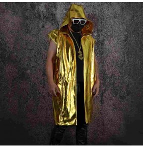 Gold PU  leather jazz dance hooded stage jacket for men youth sleeveless long coat hip-hop rapper singer gogo dancer bars dj ds dancing long vest
